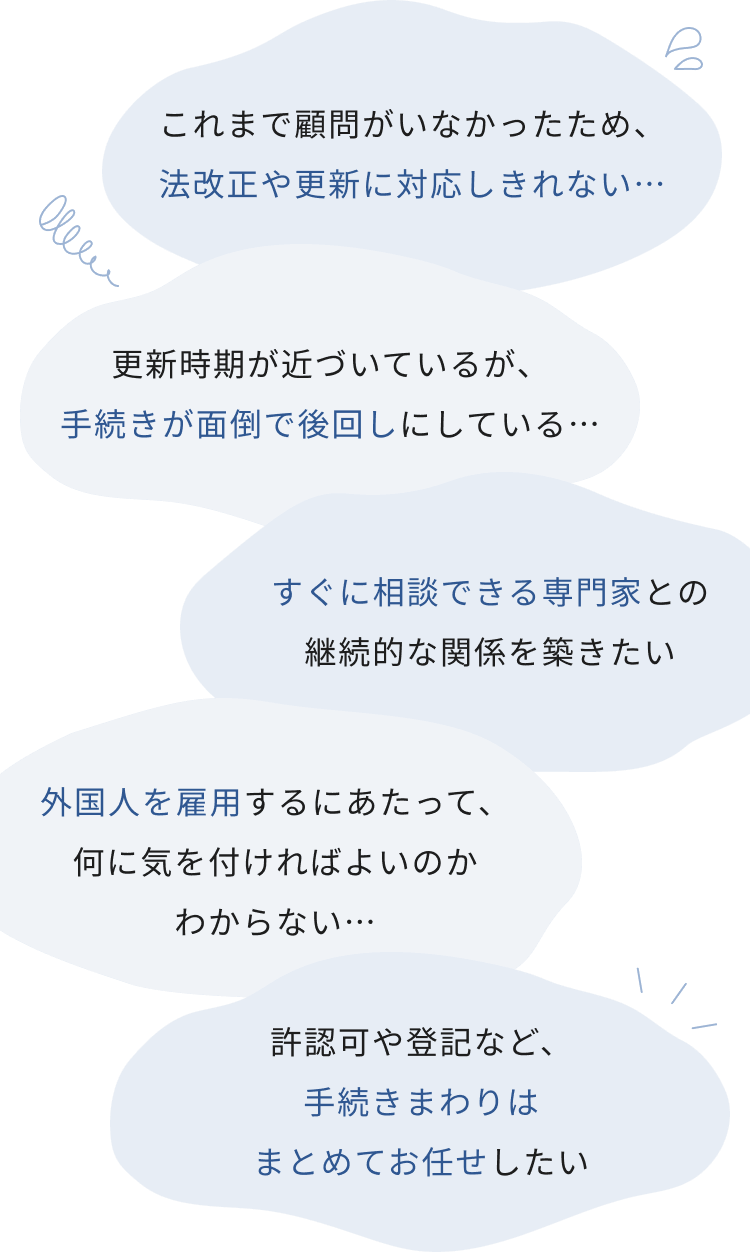 これまで顧問がいなかったため法改正や更新に対応しきれない,更新時期が近づいているが手続きが面倒で後回しにしている,すぐに相談できる専門家との継続的な関係を築きたい,外国人を雇用するにあたって何に気を付ければよいのかわからない,許認可や登記など手続きまわりはまとめてお任せしたい